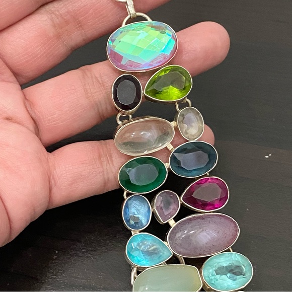 Stunning Multicolored Gemstones Crystals Mixed Cabochon Wide Bracelet 55.1g - Picture 11 of 16